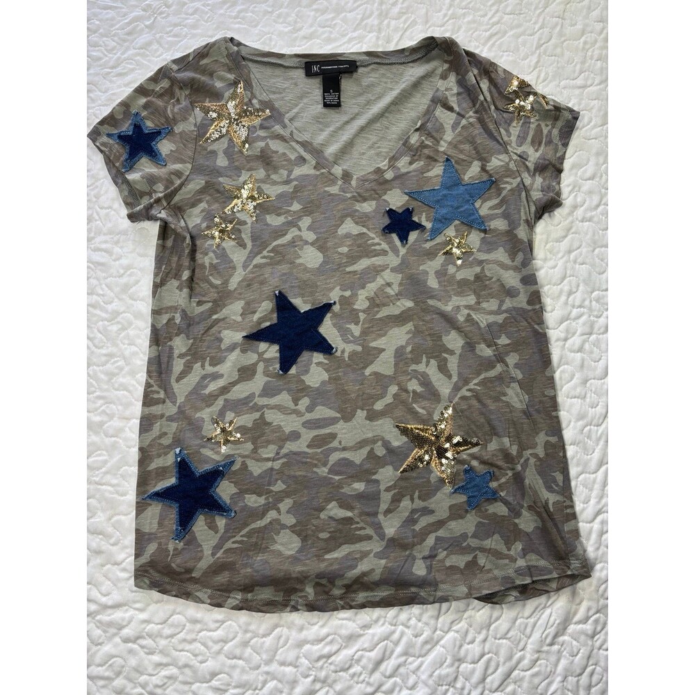 International Concepts Camo Denim/Sequin Star Vneck Cotton T Shirt size small